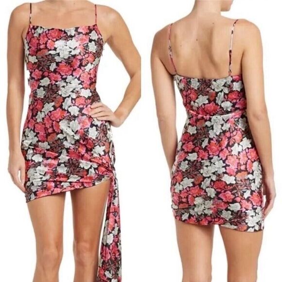 Cinq a Sept Satin Pink floral cowl neck mini sash detail dress size 0 - Picture 1 of 10